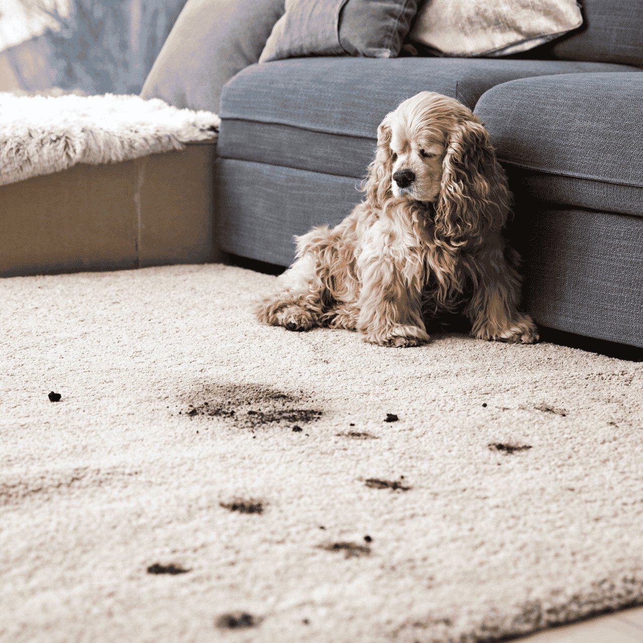 Puppy on carpet next to a carpet cleaning wand in action